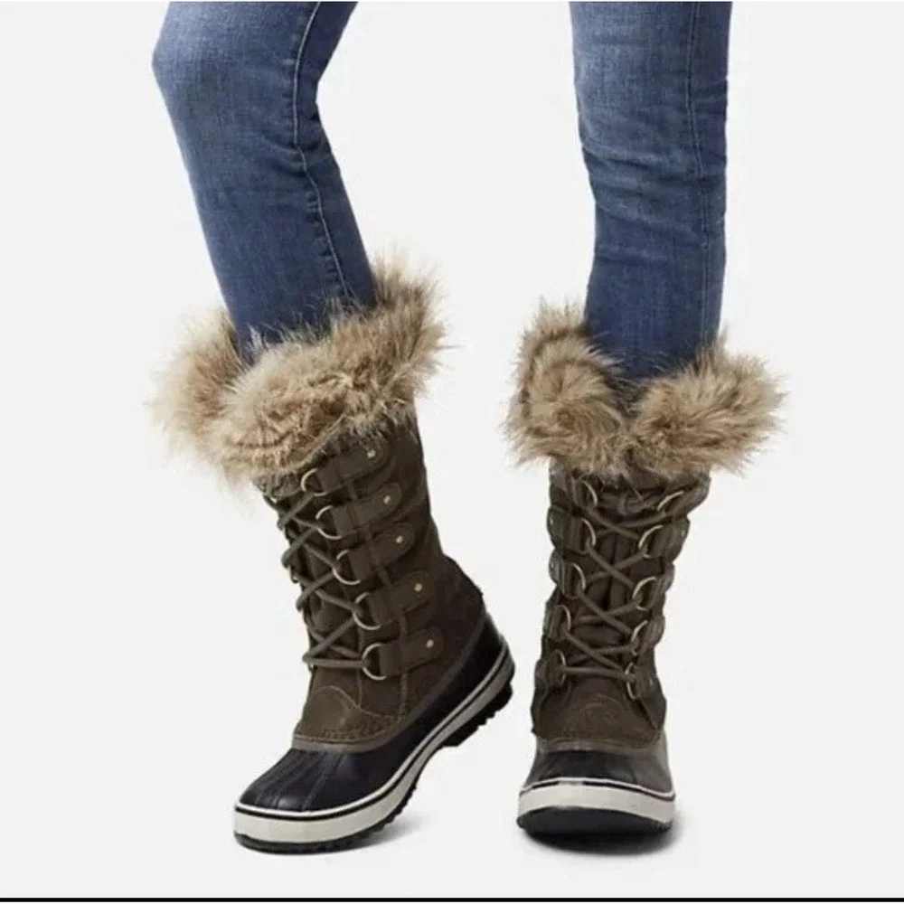 Sorel Waterproof Winter Boots Womens 7 Olive Leather Faux Fur Tall Snow Boots
